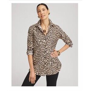 Chicos No Iron Leopard Print Button Up Top Cotton Size 1 US 8/10 Office Casual